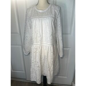 LOFT White Eyelet Cotton Boho Dress Size‎ M Long Sleeve Lined Tiered Fit & Flare